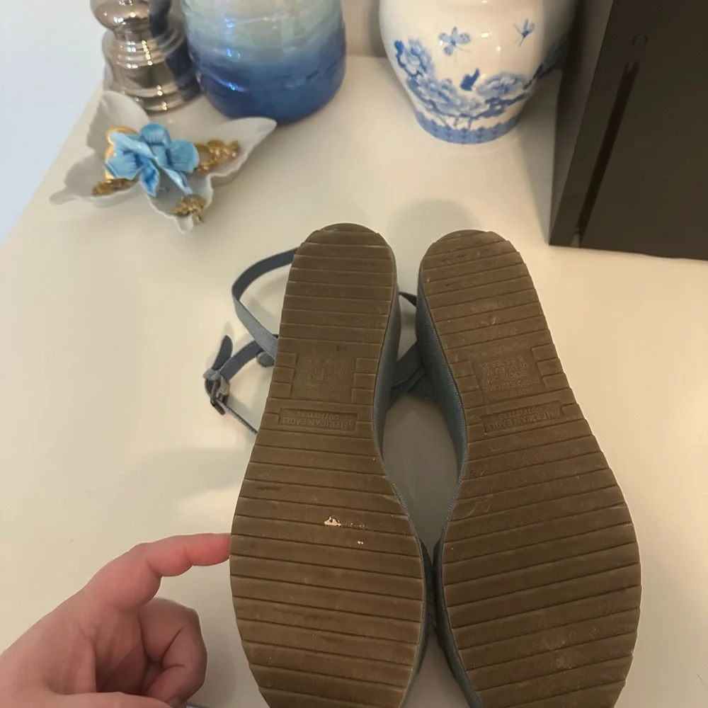 American Eagle Outfitters Light Blue Denim Platform Sandal with Daisy Embroidery